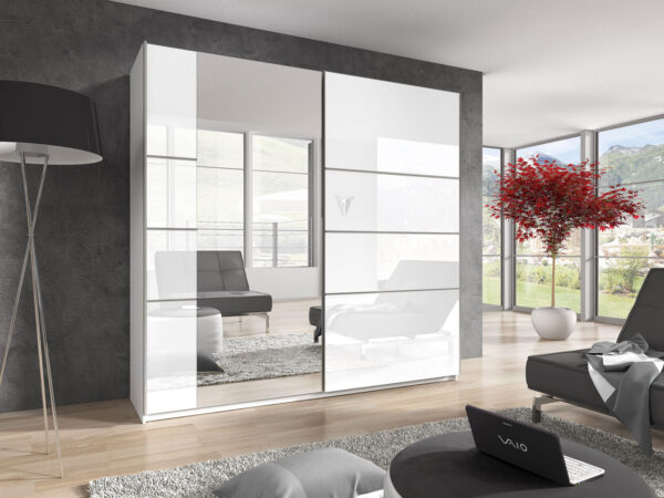 Skříň s posuvnými dveřmi se zrcadlem DELTA BE57 bílý lesk - Image 3